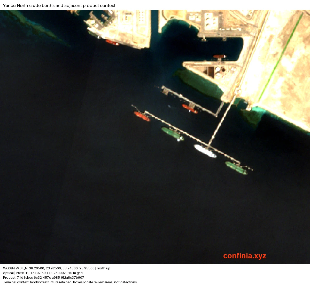 Yanbu North on 15 October, showing four large hulls alongside the crude jetty and separate product-terminal context.
