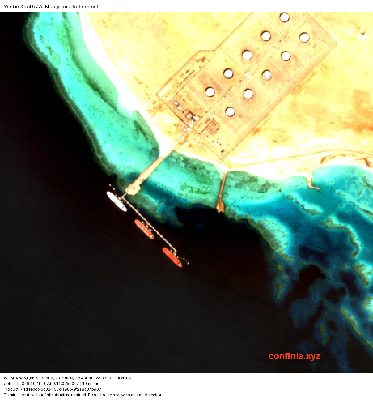 Yanbu South on 15 October, showing three large hulls alongside the crude loading structure.