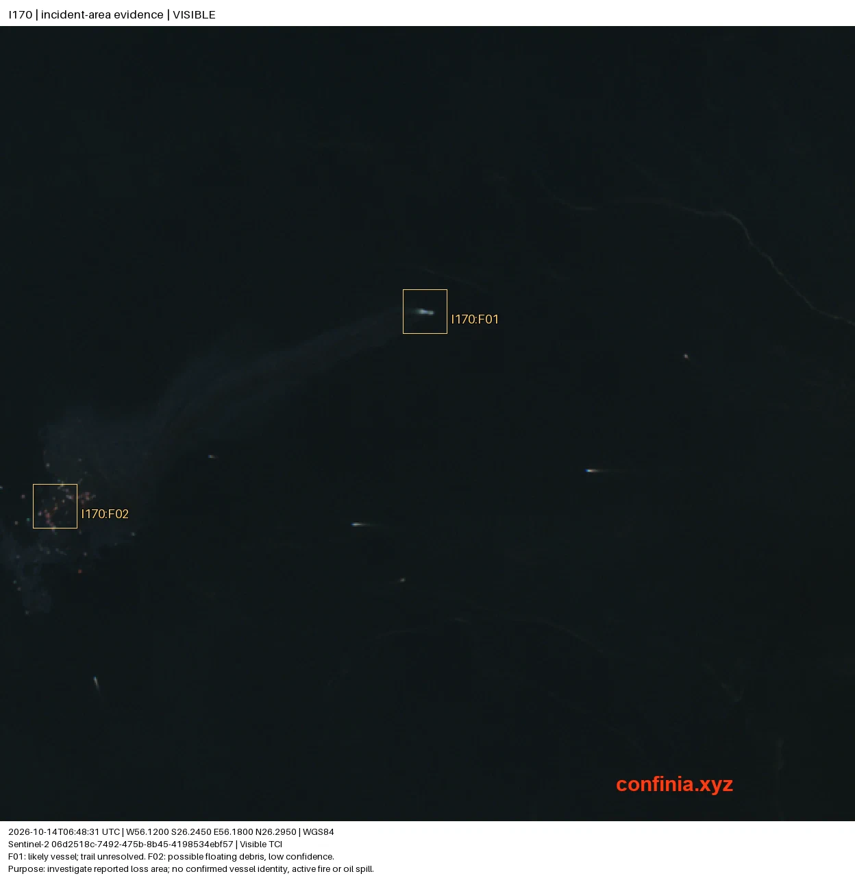 Optical imagery near the reported GFS PRIDE loss area, with possible floating debris and a nearby vessel marked.